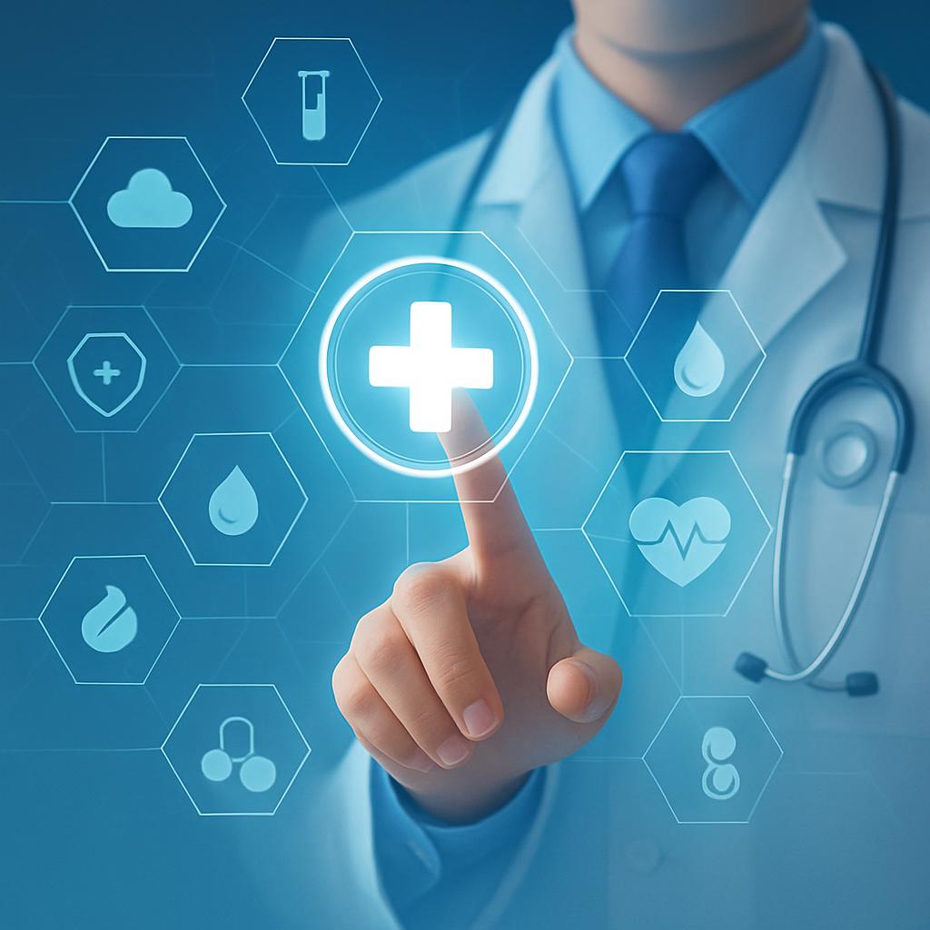 uma imagem que ilustra uma pessoa tocando em uma tela com uma cruz branca dentro de uma bola brilhante, sinalizando suport...