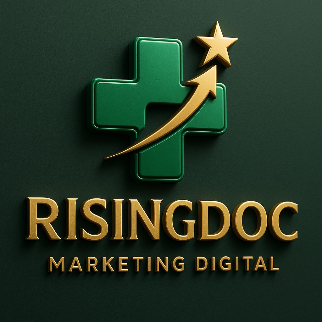 A logo for "RISINGDOC MARKETING DIGITAL" featuring a green medical cross with a gold star and upward arrow.