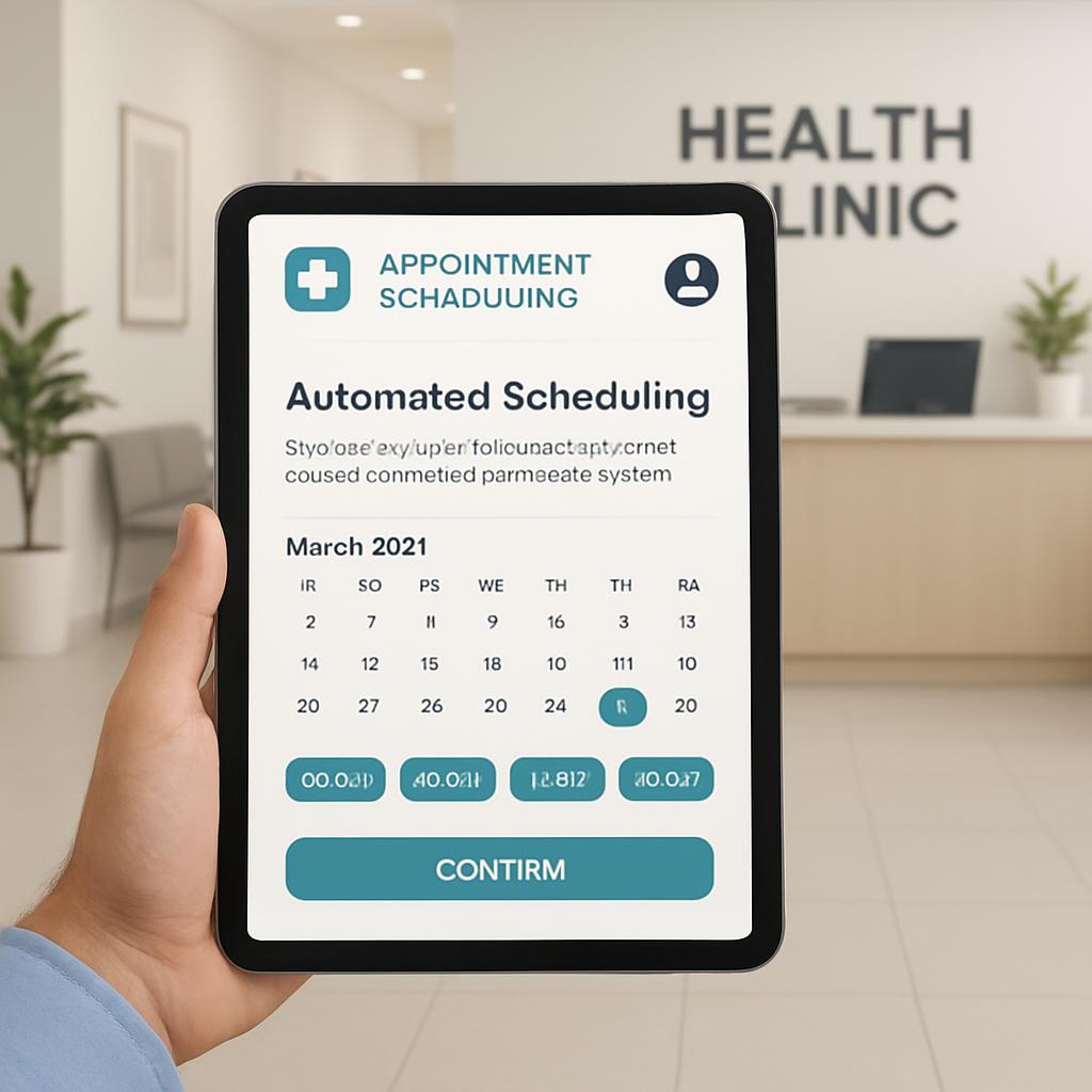 A imagem apresenta um aplicativo de agendamento de consultas clínicas em um tablet, exibindo uma tela com detalhes de agen...