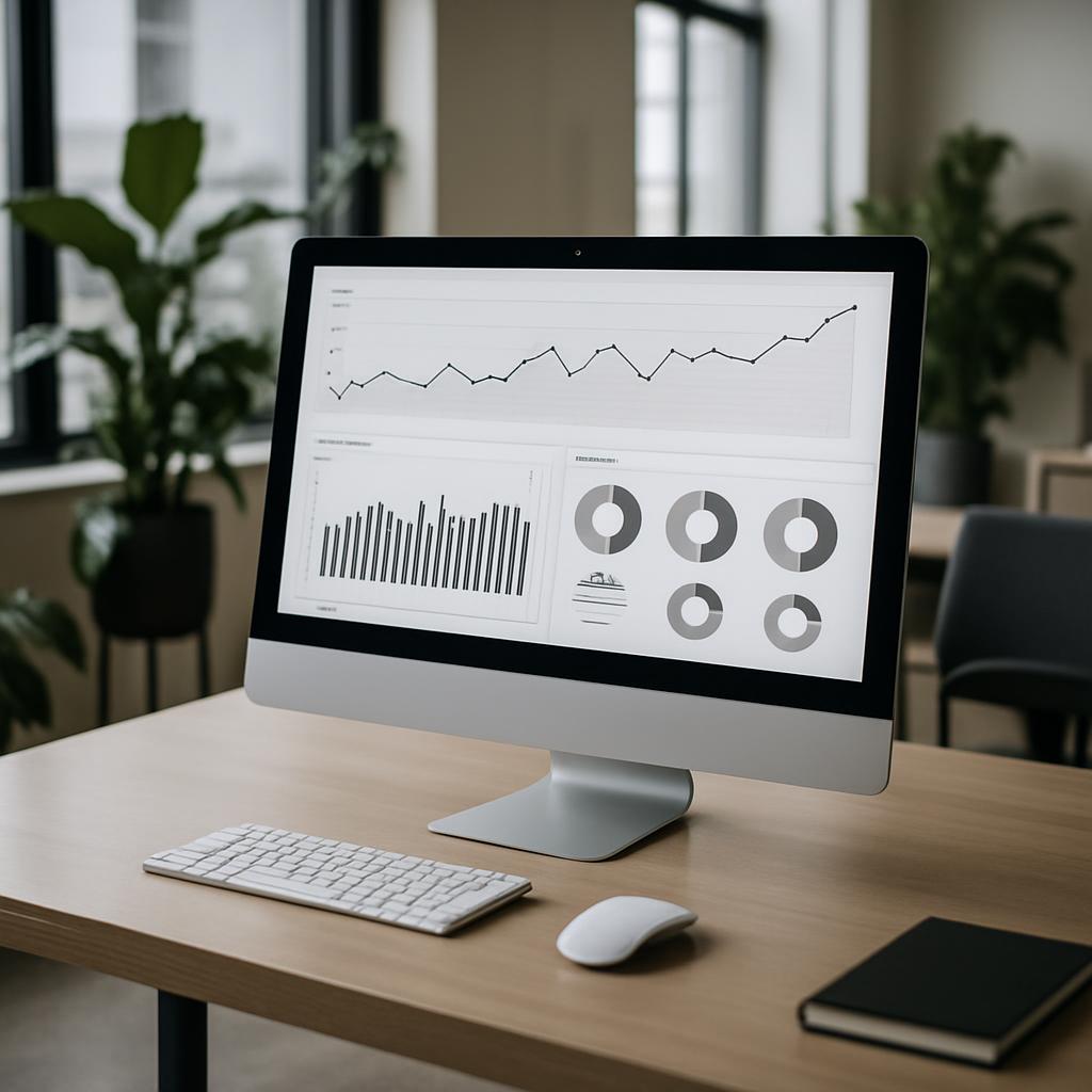 A monitor displaying various charts and graphs sits on a wood desk.